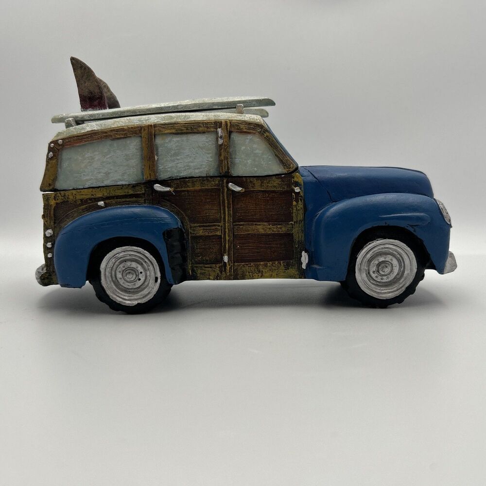 Vintage Blue Woody Wagon Surfboard Trinket Box Beach Car Resin Surf Decor